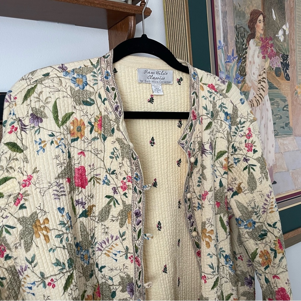 vintage gardencore quilted floral patterned button down jacket ivory size L - Picture 2 of 10